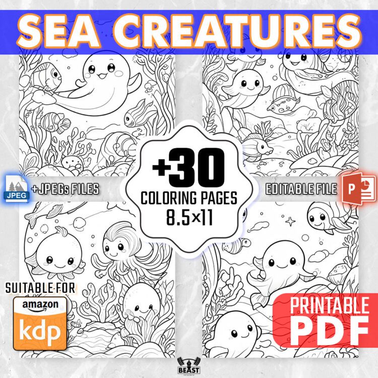 30 Sea Creatures Coloring Pages - Kids & Adults Ocean Animals Colouring Book