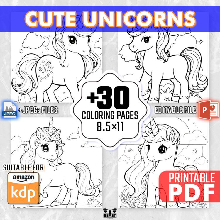 30 Cute Unicorn Coloring Pages - Kids & Adults Ocean Animals Colouring Book