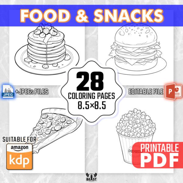 28 Food and Snacks Coloring Pages - Kids & Adults Yummy Food Colouring Book