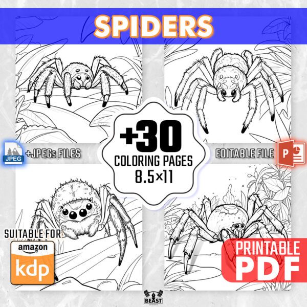 +30 Spider Coloring Pages – Kids & Adults Insects Colouring Book