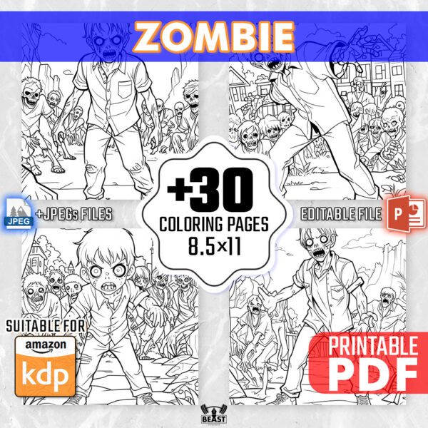 +30 Zombie Coloring Pages - Kids & Adults Horror Colouring Book
