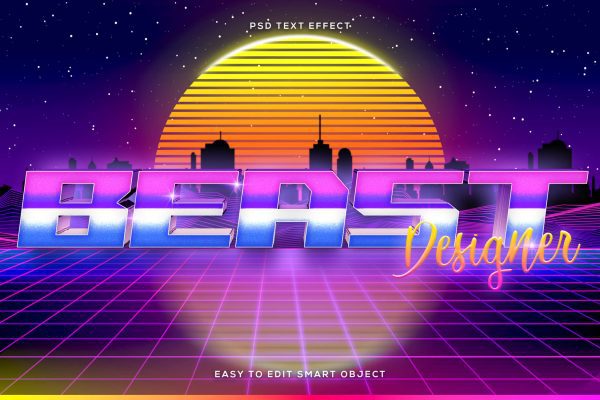 Editable 80s Retrowave Synthwave Vaporwave Logo Mockup Text Effect [PHOTOSHOP] by Beast Designer